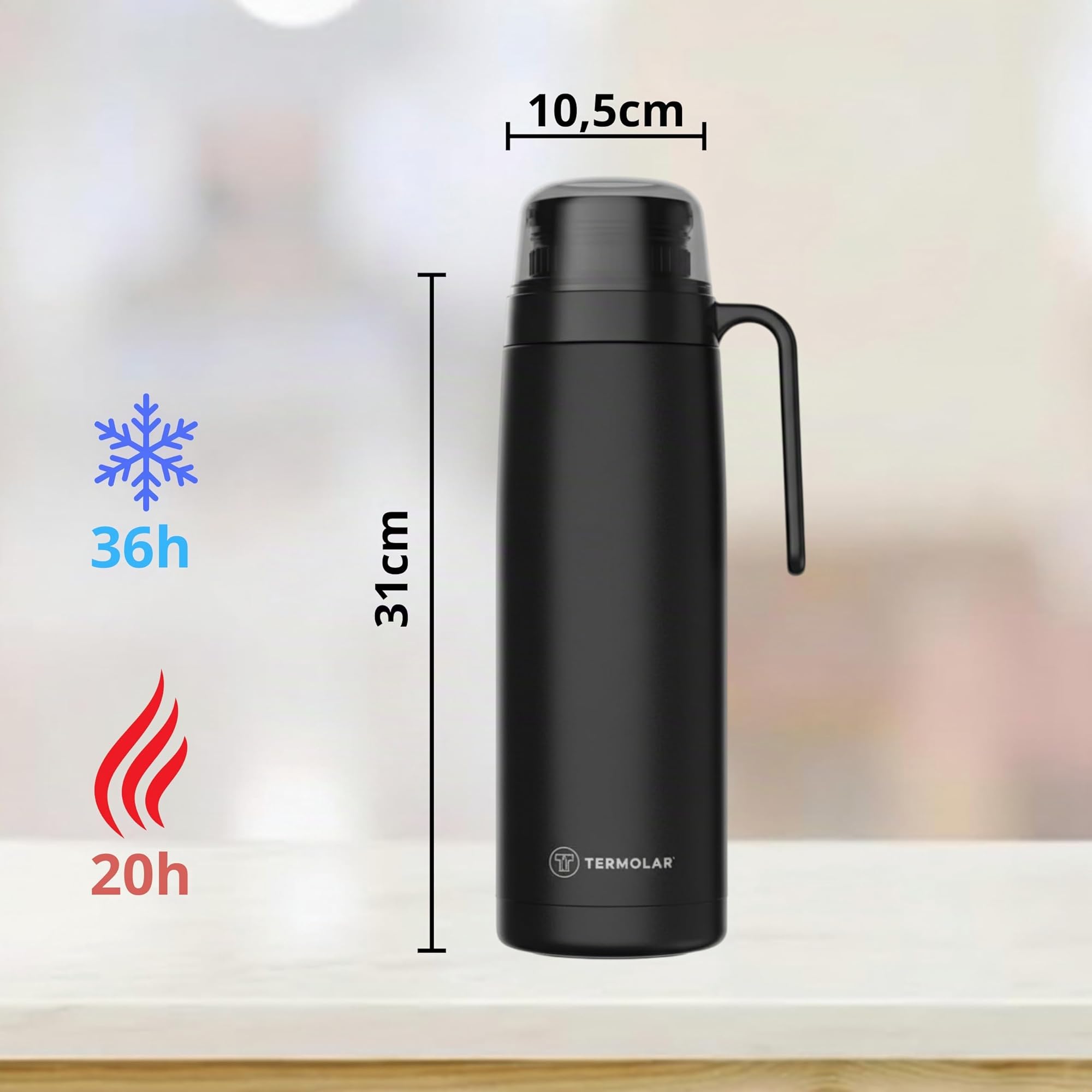 Termo R-EVOLUTION 1L con Pico Cebador para Mate y Asa - Negro | Acero Inoxidable 304 con Retención Térmica 20H Calor / 36H Frío - Botella Aislante de Viaje