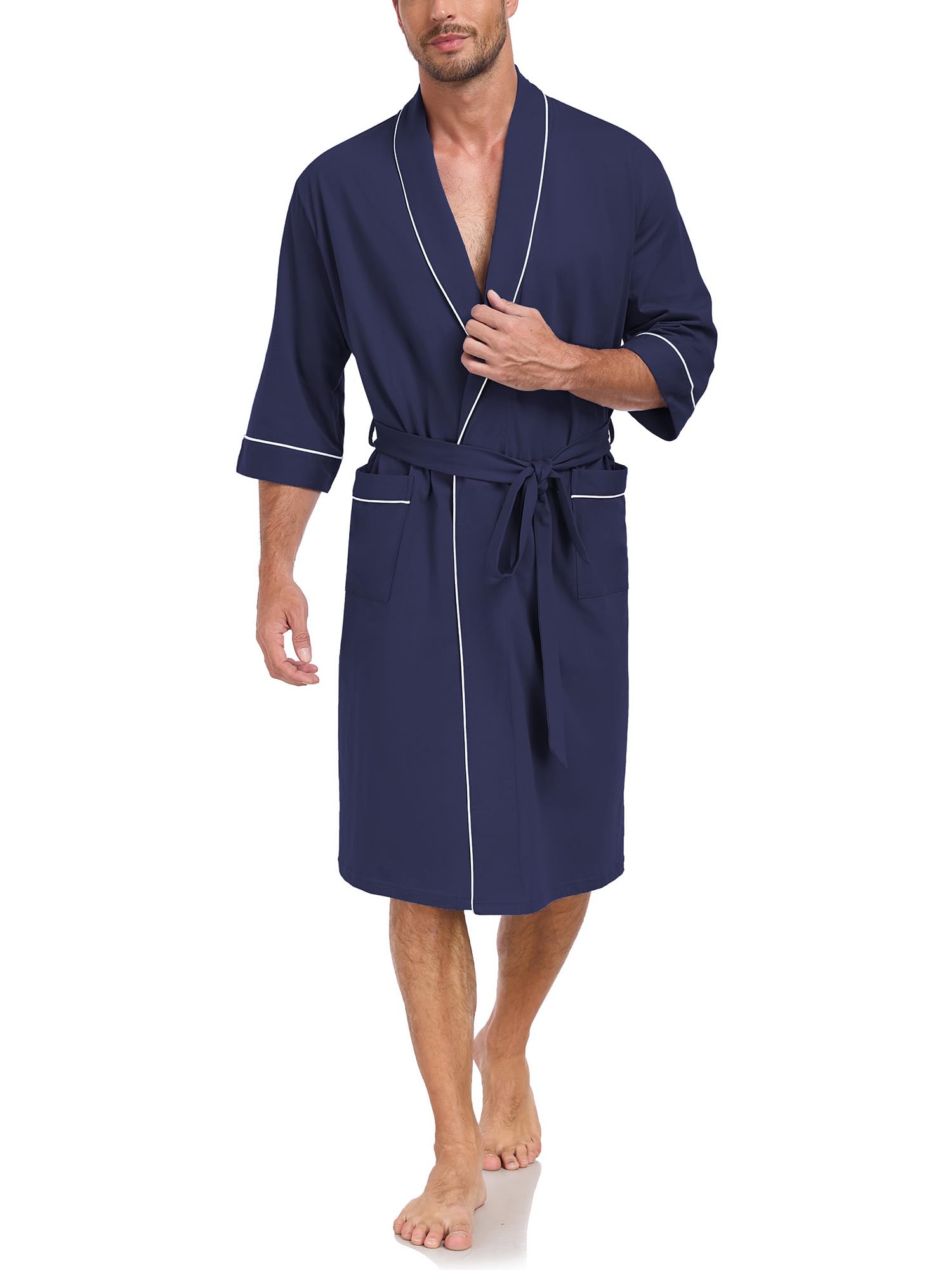 Herren Bademantel 100% Baumwolle Kurzarm Sommer Leicht mit Taschen
