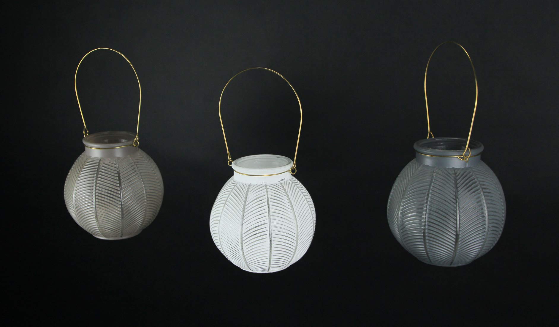 Things2Die4 Zestaw 3 teksturowanych różowych, białych i szarych szklanych lampionów o średnicy 15 cm, drucianych uchwytów