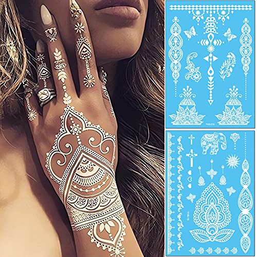 White Henna Temporary Tattoos 6 Sheets Henna Temporary Tattoos Lace Mystery Sexy Mandala Flower Design Body Art Waterproof Fake Tattoos Henna Stickers For Women Girl Wedding Body Face Arm Legs Decor #TOP20
