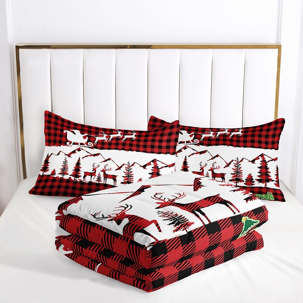 ITFRO Christmas King Bedding Comforter Set Pine Tree Deer Sled Buffalo Check Plaid 3 Pieces Comforter Set Soft Warm Microfiber Bedding Sets with 1 Comforter and 2 Pillowcases All Season (Red, King)
