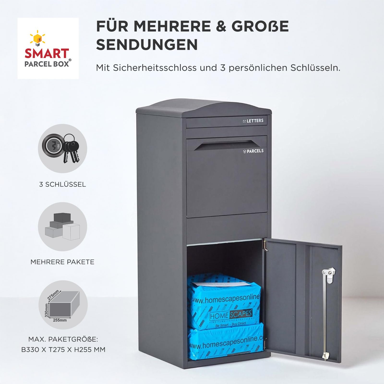 Smart Parcel Box Paketbox L mit Bogendach - Paketbriefkasten, grau | Standbriefkasten mit Paketfach, Paketbox draußen wetterfest, Front-Entnahme, verzinkter Stahl, rostfrei, pulverbeschichtet