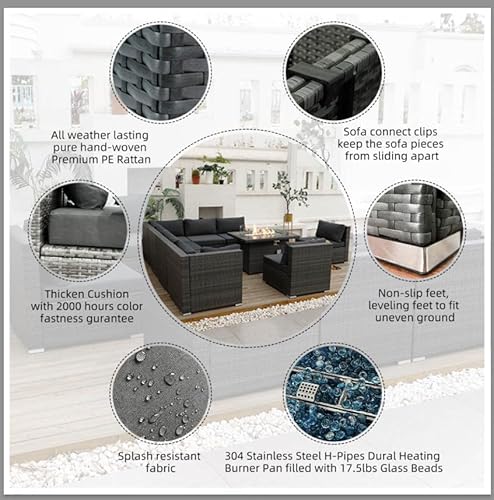 Nicesoul® Extra Large Size High-Back Pe Rattan Outdoor Patio Furniture Sectional Sofa Sets With Fire Pit Table Outdoor Wicker Conversation Sets Modern Luxury Charcoal Gray Set Of 9 Pieces #TOP4