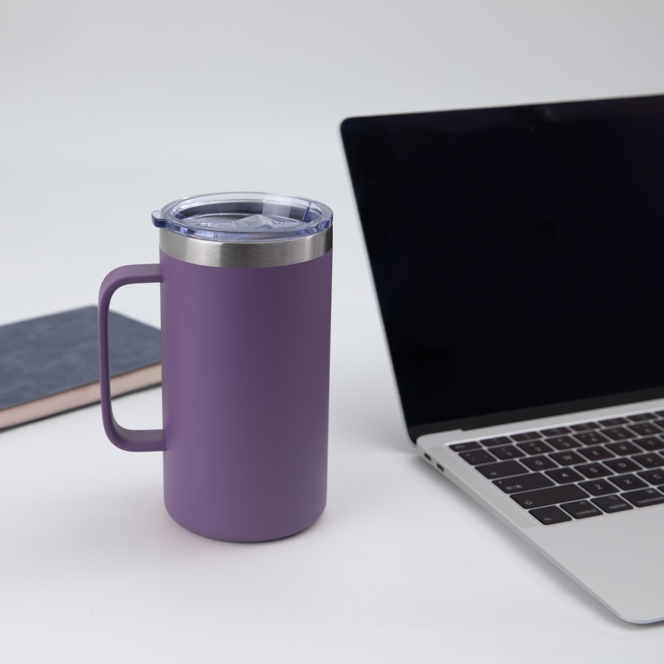 DOMICARE Taza de café de acero inoxidable de 24 onzas con asa y tapa, taza de viaje con asa, vaso de café al vacío de doble pared, taza aislada reutilizable, morado oscuro, paquete de 8