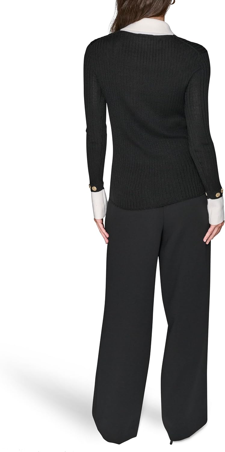 Karl Lagerfeld Womens Long Sleeve Collared Flared Sleeves Gold Buttons Sweater - Image 3