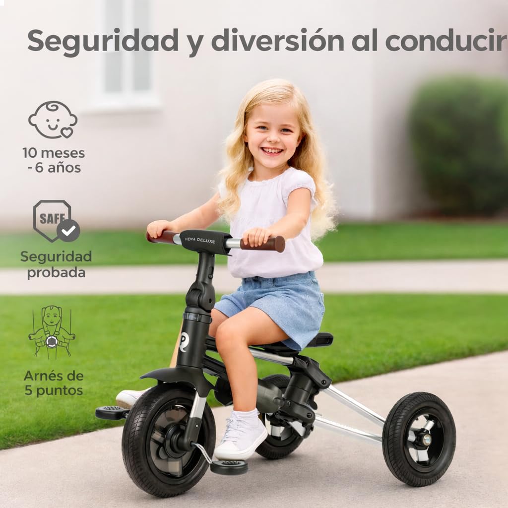 QPlay Carrito Evolutivo Nova Deluxe, con Asiento Giratorio, Plegado Compacto, Capota Ajustable, Cuero Hecho a Mano, Reposapiés y Frenos - Para Niños de 10 a 36 Meses (Negro)