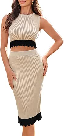 Pink Queen Summer Two Piece Skirt Set for Women Color Block Crop Tops Ribbed Bodycon Midi Dress