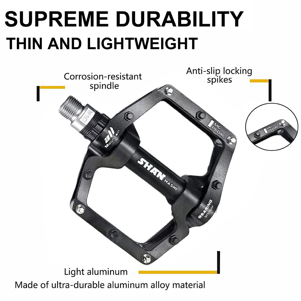 Mountain Bike MTB Pedals Aluminium Bicycle BMX Flat Pedal with Removable Non-Slip Studs 9/16 (Black) : Sports & Outdoors