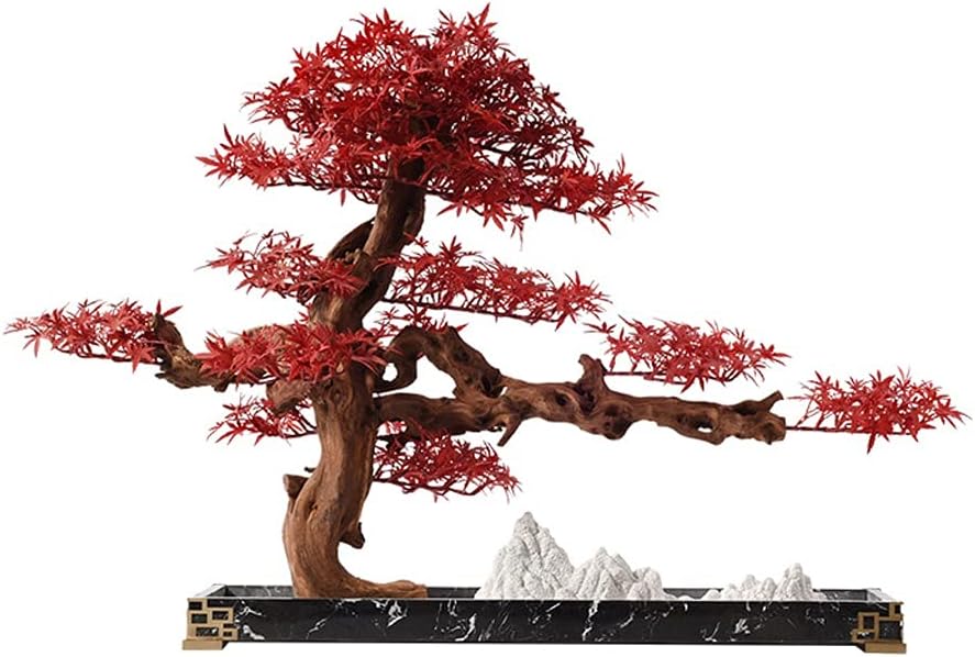 Artificial Trees Pot Plants Artificial Bonsai Tree Artificial Red Maple Tree Marble Base Metal Column Fake Snow Mountain Fake Plant for Study Room Living Room and Office Artificial Plants Bonsai