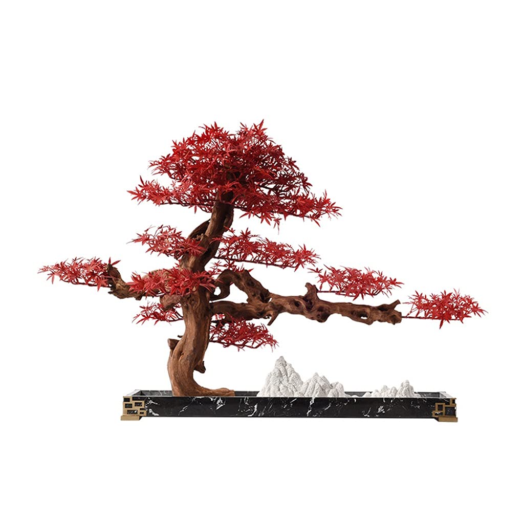 Artificial Trees Pot Plants Artificial Bonsai Tree Artificial Red Maple Tree Marble Base Metal Column Fake Snow Mountain Fake Plant for Study Room Living Room and Office Artificial Plants Bonsai