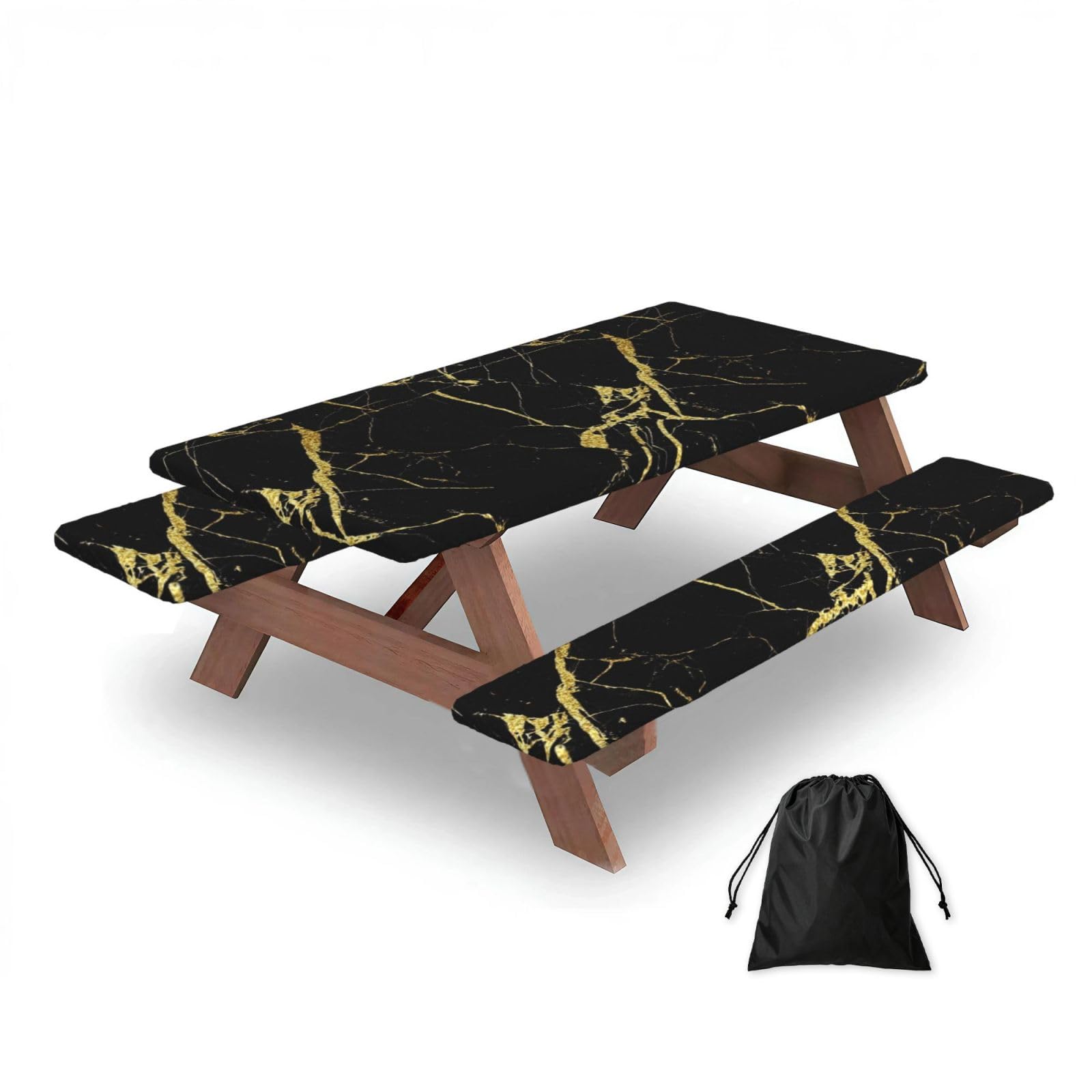 Gold Black Wallpaper Printed, Picnic Table Cover With Bench Covers -Waterproof Elastic Fitted Tablecloth for Garden Camping Patio 76x152cm