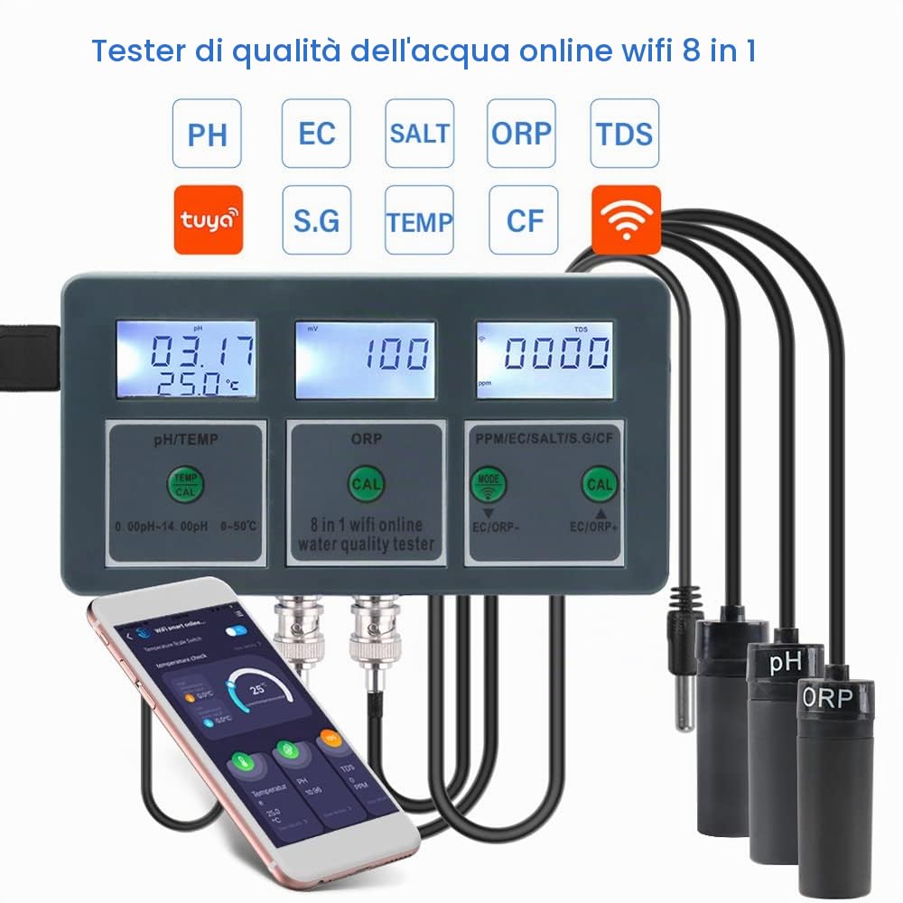 Benkeg WiFi Fishtank Tester di qualità dell'Acqua Alta precisione Uso Domestico Macchina per Il Test della qualità dell'Acqua Analizzatore di monitoraggio dell'Acqua per acquari Piscina idroponica