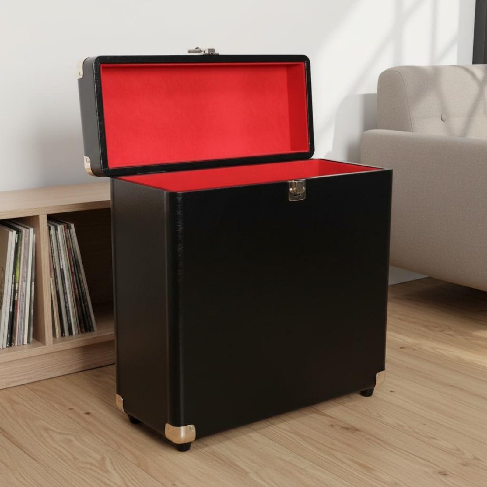 Amagogo Custodia Vinili Scatola Contenitore Valigetta Bauletto Porta Dischi LP in Pelle con Design Portatile E Protezione Dai Graffi Adatta per DJ Collezionisti, Nero+Rosso