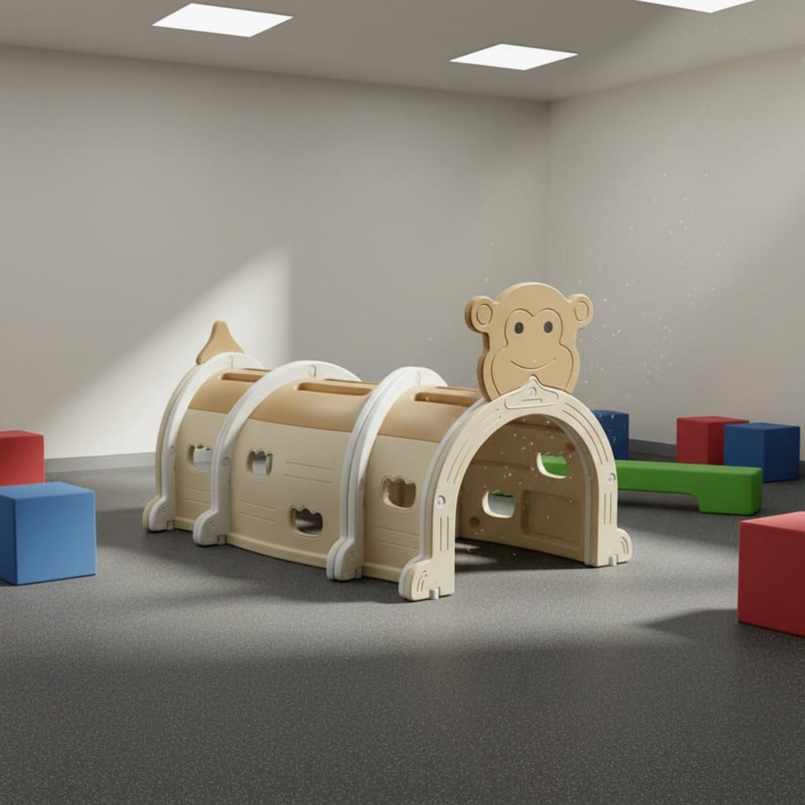 Krabbeltunnel Kinder Kriechtunnel Spieltunnel Babytunnel Frühbewegung Kriechförderung Verbundene Elemente HDPE Leicht zu Reinigen Komfort 50 cm, Affen-Tunnel, 3 Abschnitte, Khaki