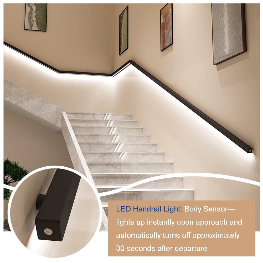 Escalier à LED avec détecteur de mouvement - Rampe murale en alliage d'aluminium avec éclairage LED - Utilisation extérieure pour patios - 250 cm / 8.2ft de long