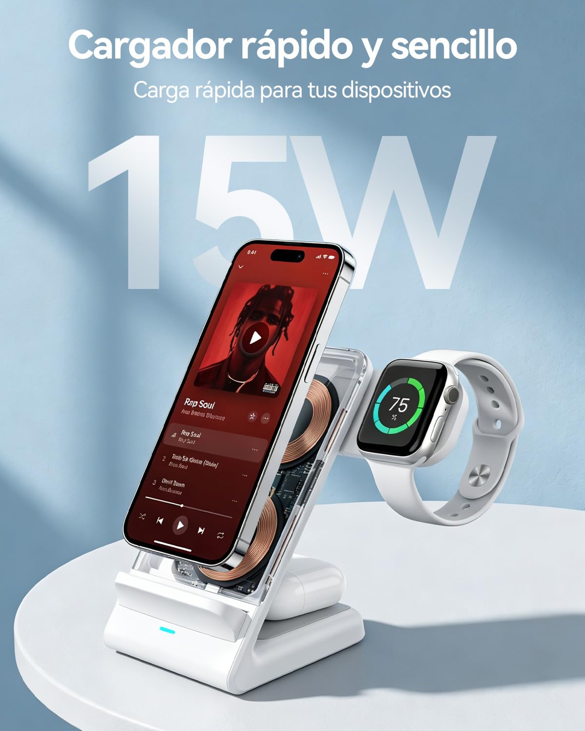 Unico Cargador Inalámbrico 3 en 1 Portátil Rápido 15W con Cable sin Cargador para iPhone 17/16/15/14/13/12 para AirPods para Apple Watch Ultra/SE (Adaptador no Incluido)