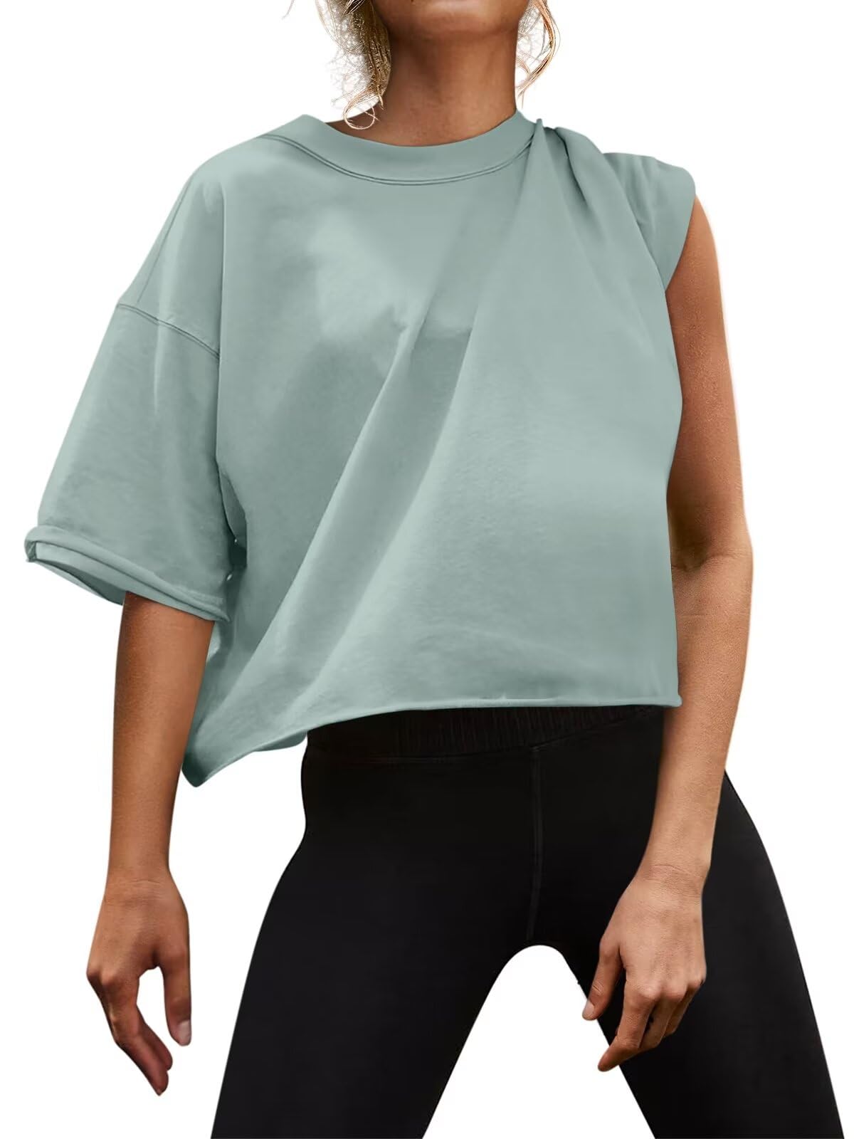 MicticsiWomens Oversized Workout Crop Tops Cotton T Shirts Boxy Crewneck Loose Fit Short Sleeve Tee Summer Clothes 2025