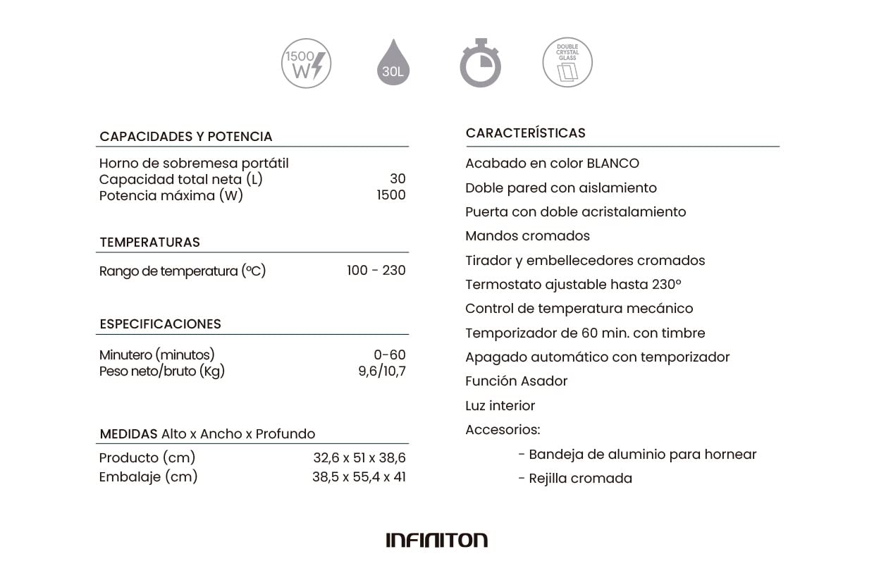 INFINITON HSM-A30B – Horno sobremesa, Blanco, 30L, 1500W, Convección, Doble acristalamiento, Luz interior, Temporizador 60 min.