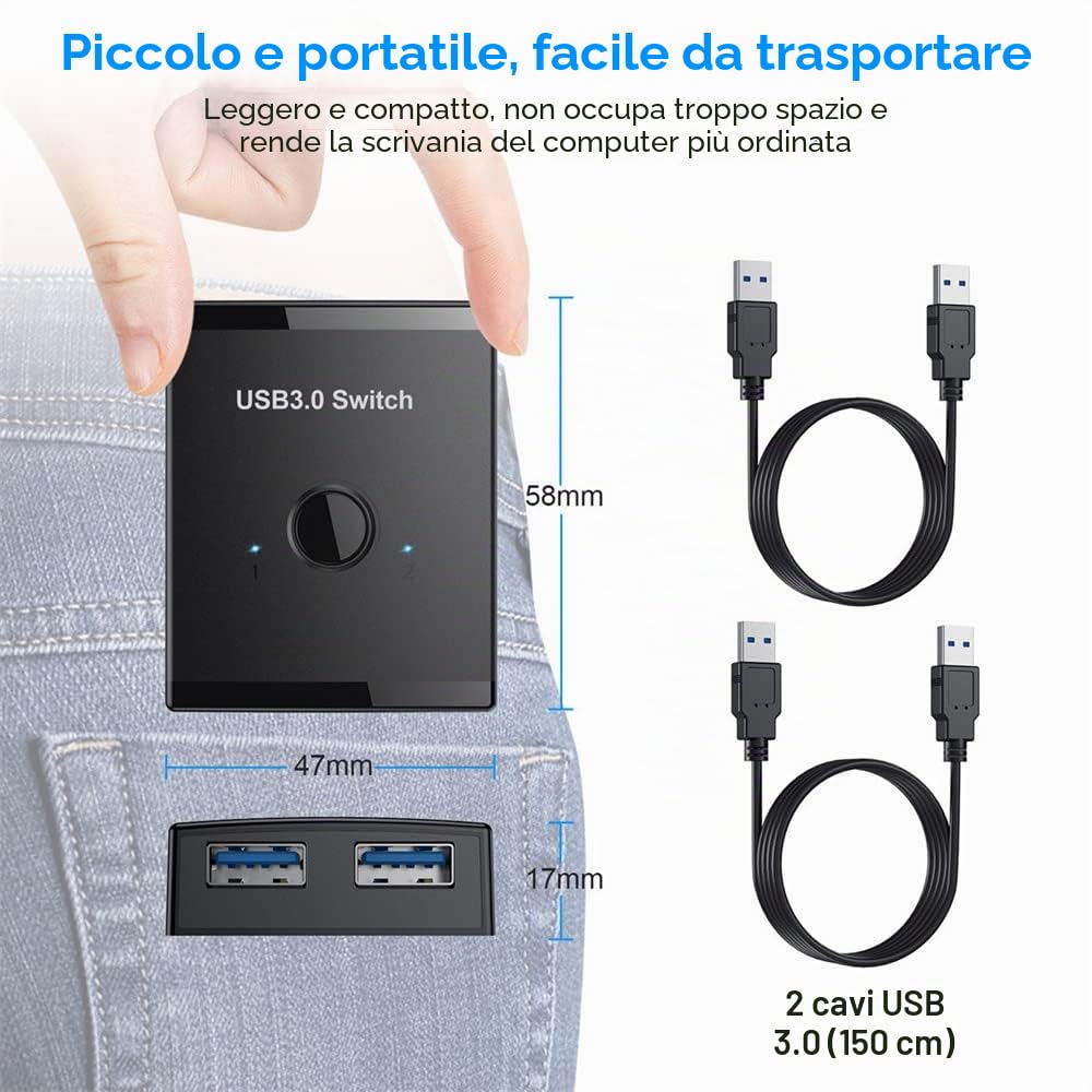 KVM - Selettore di commutatori bidirezionali USB 3.0 da 2 a 1 PC di condivisione o da 1 a 2 hub per tastiera e mouse scanner stampante