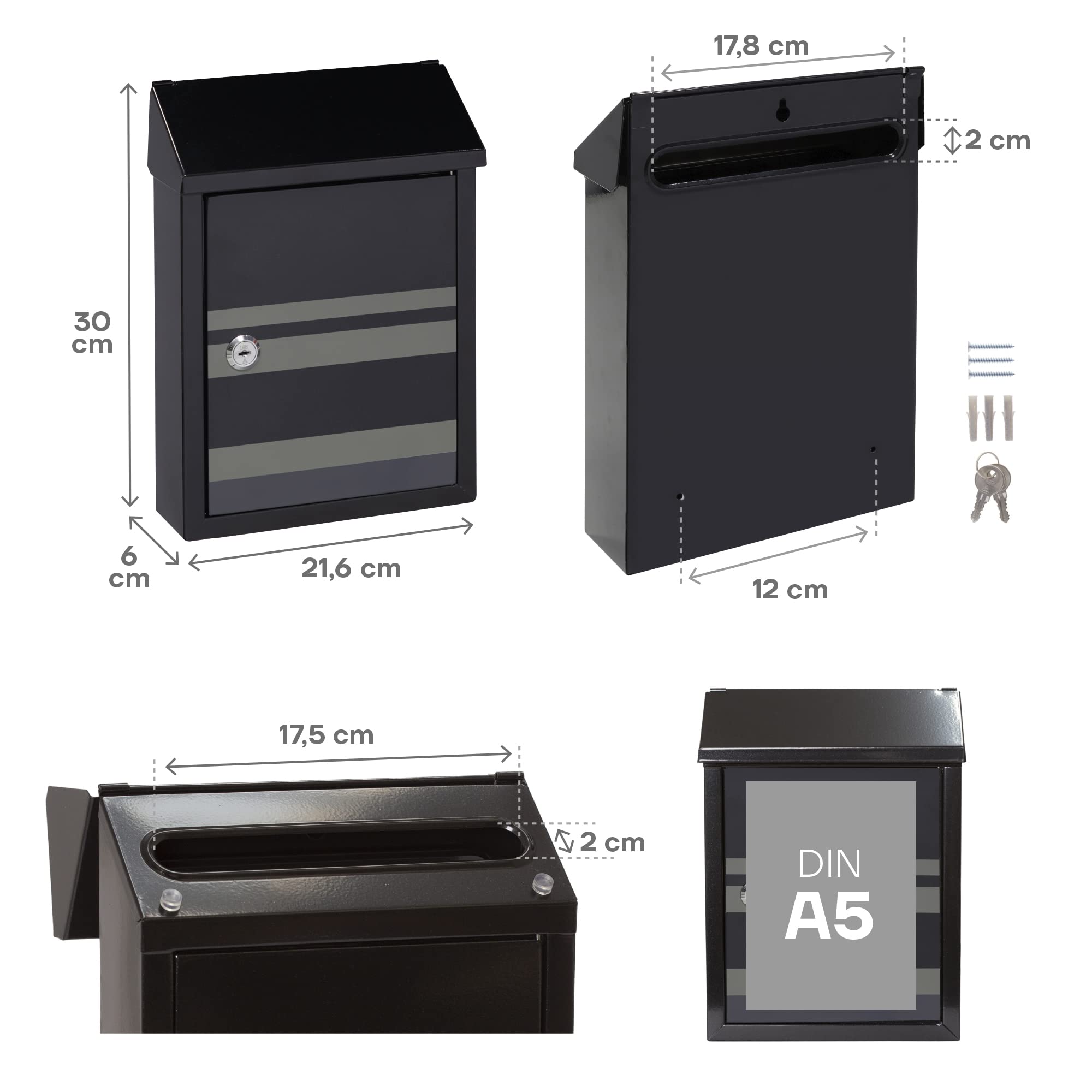 ARREGUI Smart Graphic E5724-STR Boîte aux Lettres en Acier avec Sérigraphie Décorative « Lines », Taille S (Courrier Format A5), avec Fente Arrière, Facile à Installer, Noir