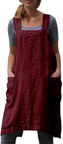 Miniatura 9 de Amlztr Delantal Pinafore con espalda cruzada con bolsillos, delantal de lino y algodón, talla grande