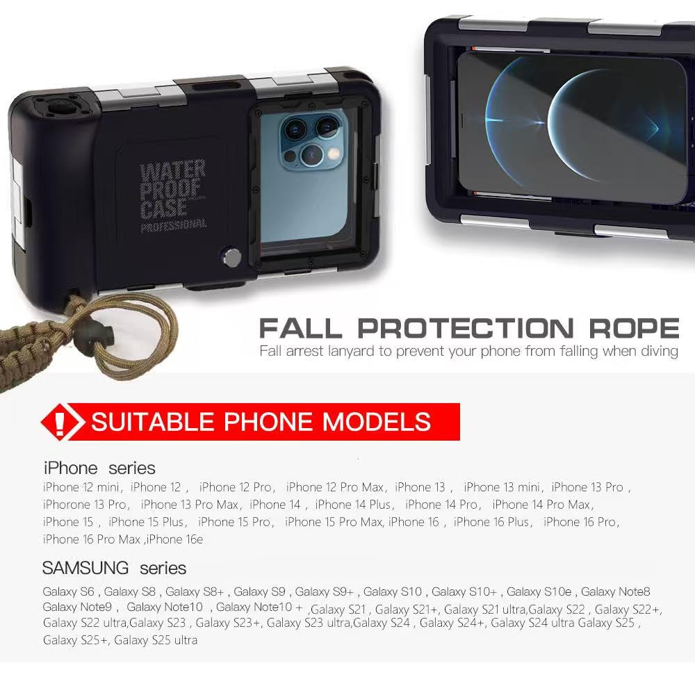 für iPhone 16e/15/14/13/12 Pro Max Plus Tauchen Hülle, Universal IP68 15m Wasserdicht Telefon Fall für Handys von 4,7-6,9'' für Draussen Surfen Schnorcheln Foto Video mit Handgelenksband-Schwarz