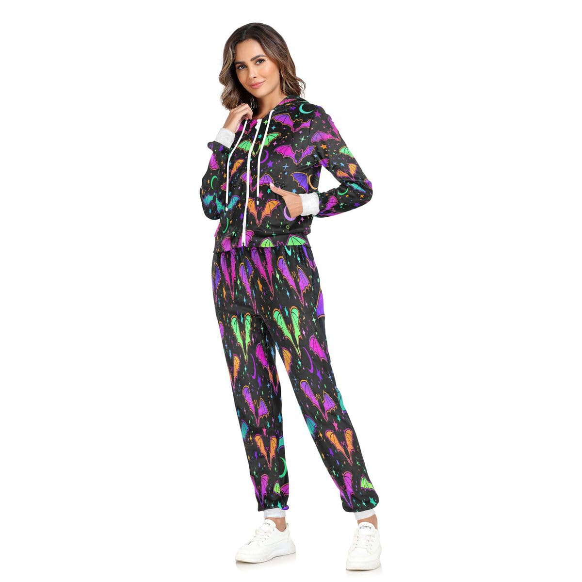 Conjunto deportivo de 2 piezas para mujer, diseño de murciélagos brillantes, multicolor, manga larga, para Halloween
