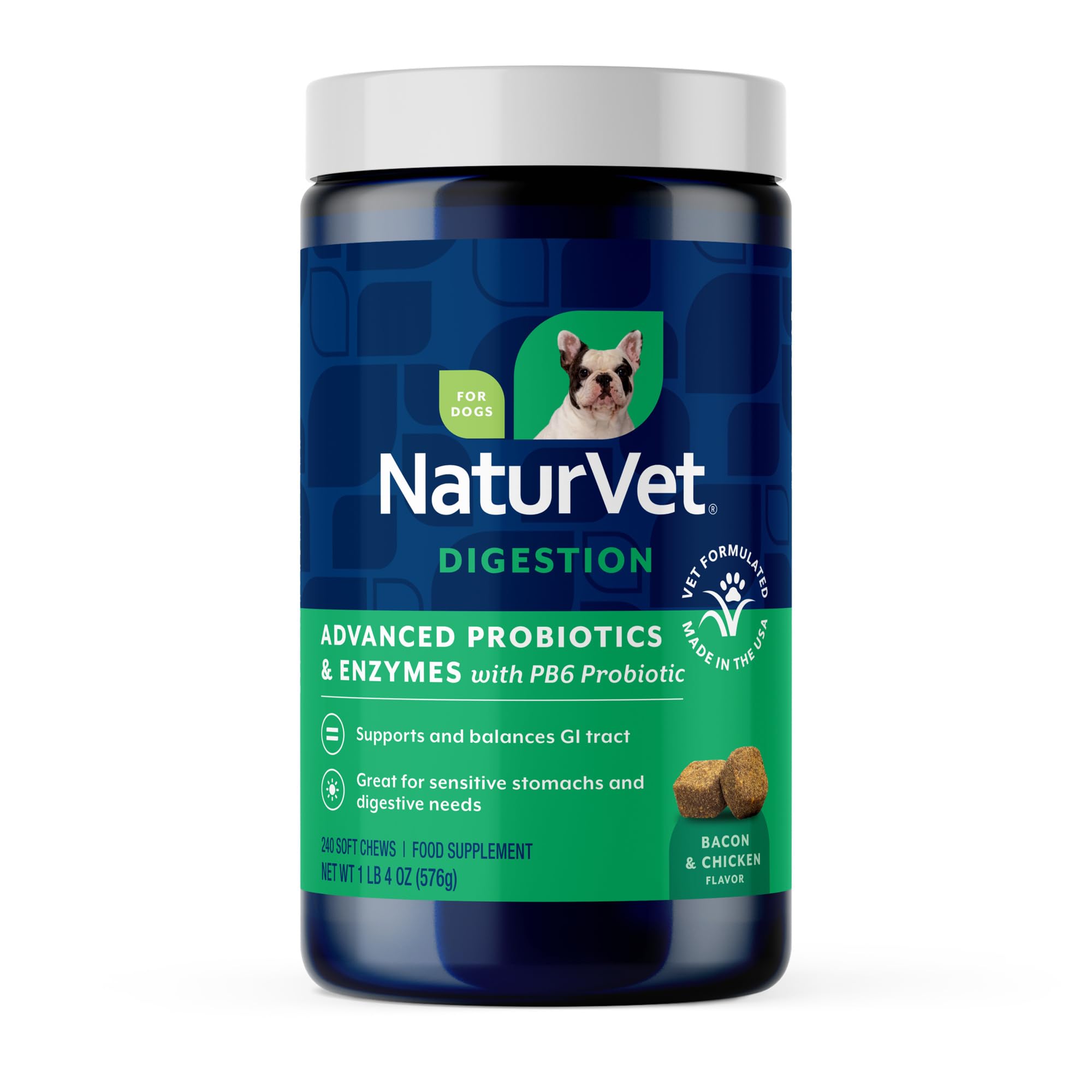 NaturVet Advanced Probiotics & Enzymes, PB6 Dog Soft Chews to Help Sensitive Stomachs and Digestive Issues, Hickory Smoked Bacon Flavored Pet Supplement for Dogs Over 6 Weeks, 240 Count Jar