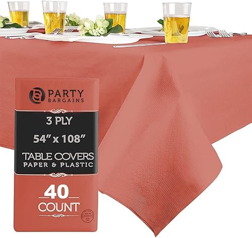Miniatura 22 de PARTY BARGAINS Manteles de mesa desechables, 54 x 108 pulgadas, color rojo, 3 capas de papel y plástico, resistentes a derrames, 5 unidades
