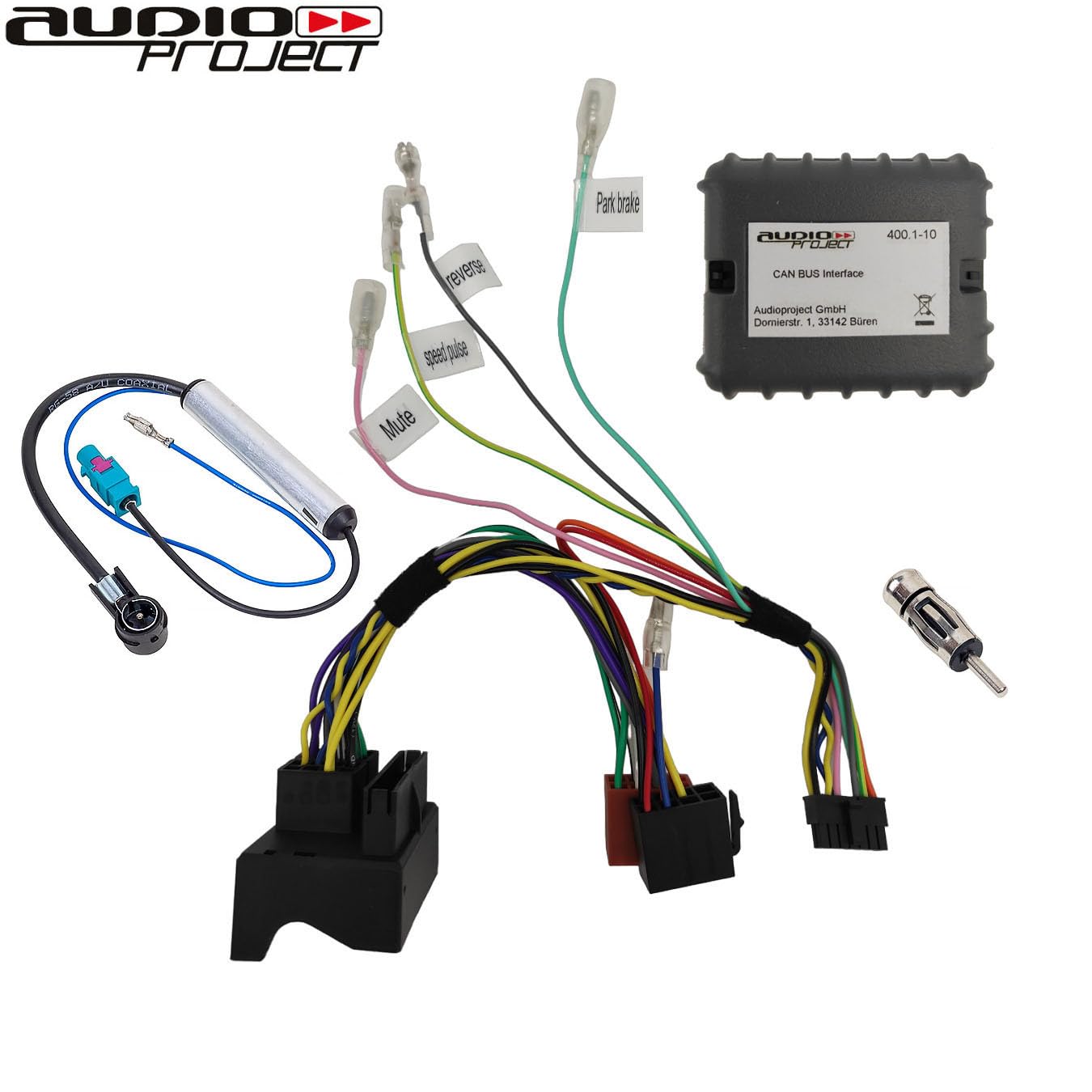 Audioproject A400.2-10 - CanBus Adapter Quadlock ISO kompatibel für Audi VW Golf 5 Golf 6 Passat B7 VW T5 Polo Skoda Seat incl Radio Adapter Antennen Adapter Fakra ISO Zündplus Speedpuls Rückwärtsgang