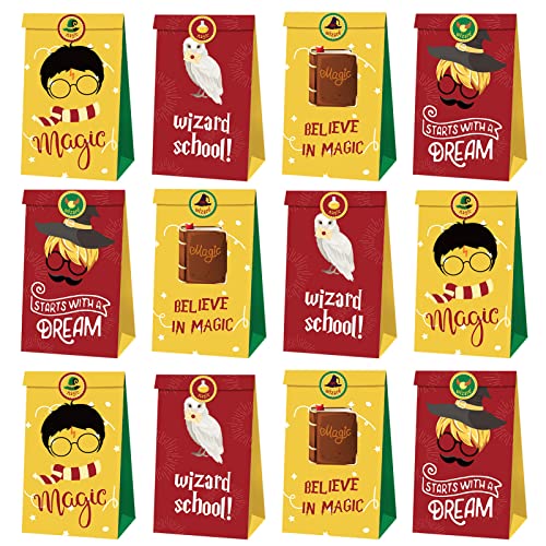 12 Stück Papiertüten Geschenktüten Magic Wizard mit 18 Aufkleber,Wizard Party Geschenktüten,Candy Tüten,Partytüten zum Befüllen,Wizard Party Dekoration,Kindergeburtstag Geschenktaschen Cover