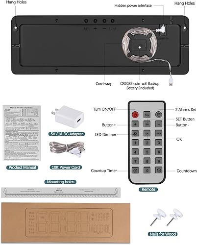 Miniatura 7 de JoFomp Moderno reloj de pared digital grande de 16 pulgadas con control remoto, pantalla LED, atenuación automática, cuenta regresiva, temperatura,