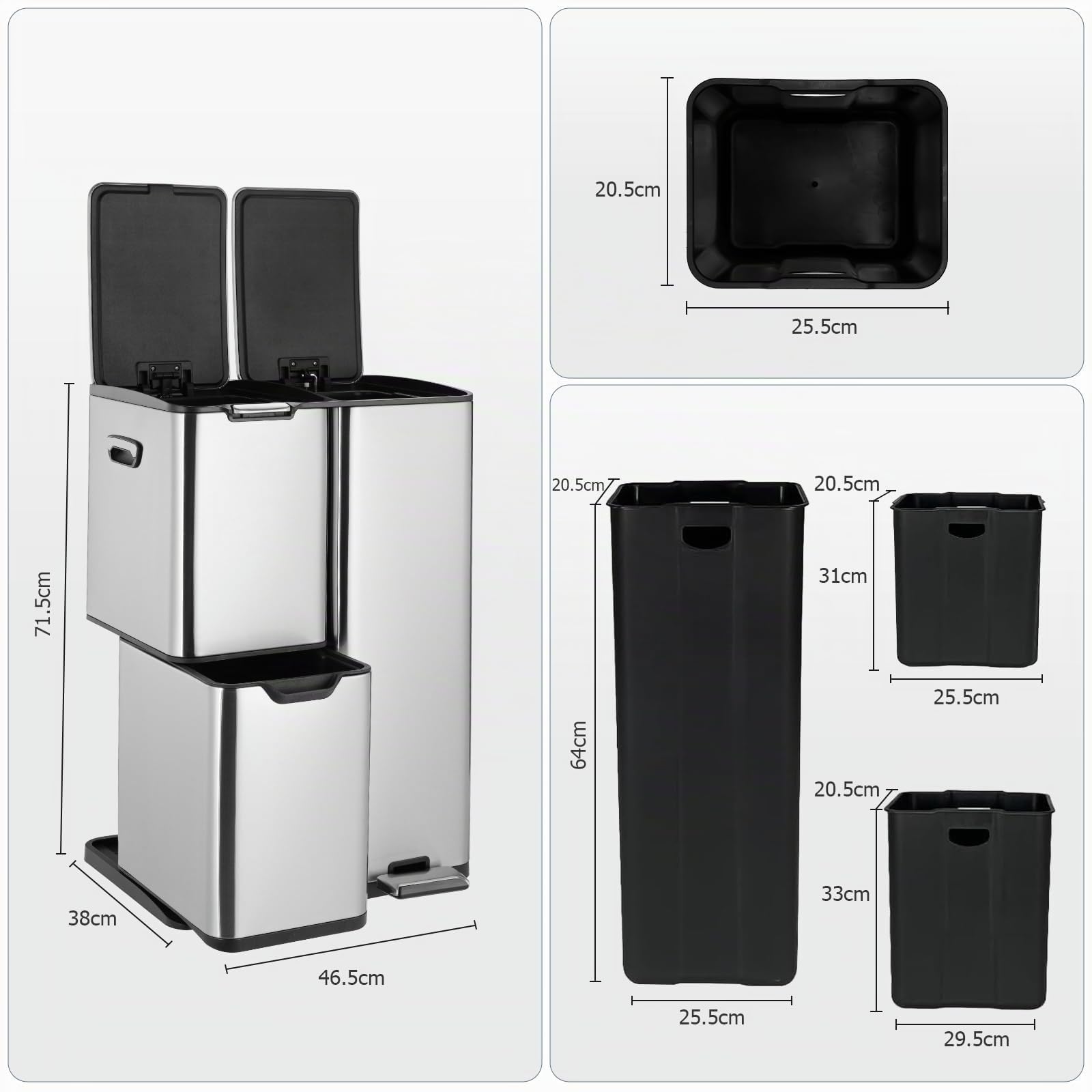 LIFERUN Cubo de basura con 3 compartimentos, 60 l, sistema de reciclaje (30 + 17 + 13 l) con tapa de cierre suave, cubo de basura de cocina de acero inoxidable y metal, cubo interior extraíble con