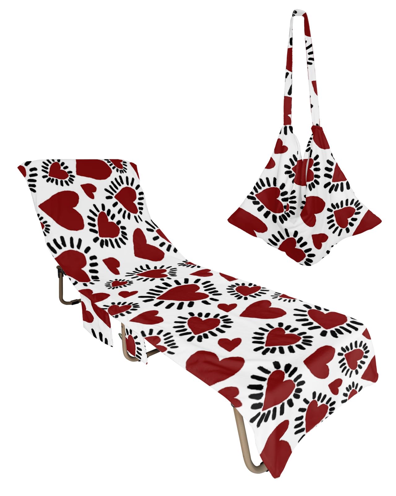 Red Love Heart Valentines Beach Lounge Chair Towel Cover, Soft Chaise Lounge Towel with Side Pockets Patio Pool Chairs Cover for Beach/Pool Sunbathing 29x85 Black Striped Watercolor
