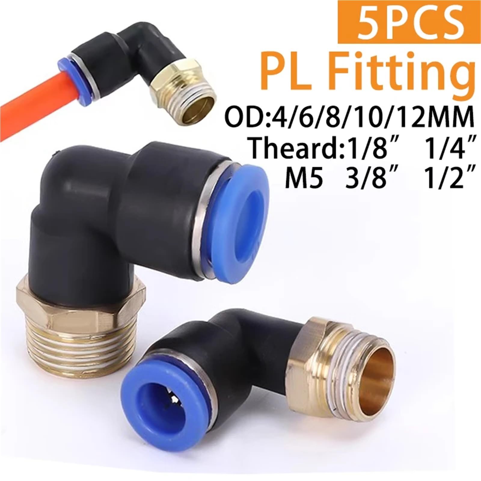 5Pcs Elbow Pneumatic Air Connector 1/8 "1/4" 3/8 "1/2" Male Thread Pneumatic Air Hose Fitting 4/6/8/10/12mm(PL8-03)