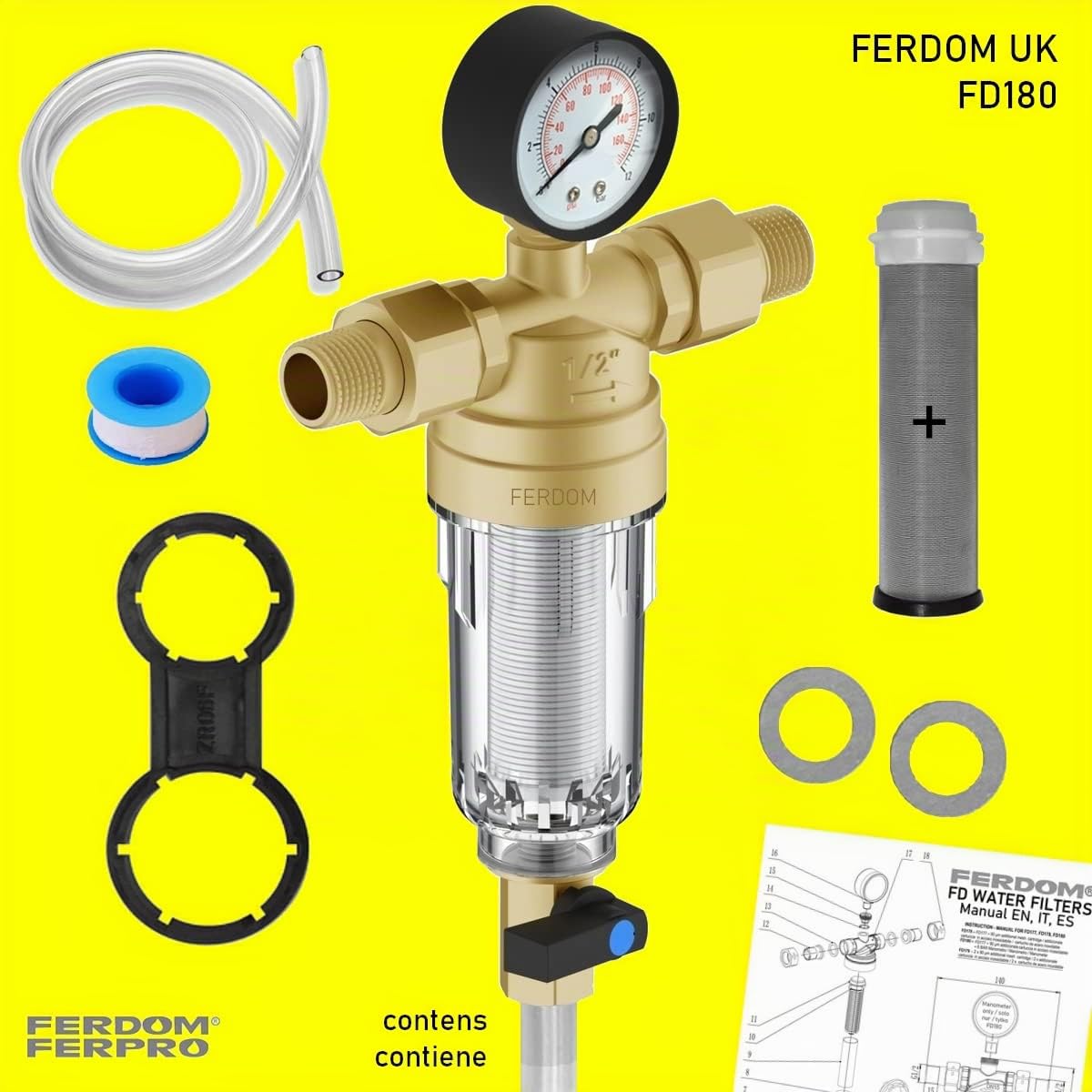 FERDOM FD180 Prefiltro Con Manómetro y Malla Extra. Filtro de Agua Purificador Giratorio, Reutilizable. Malla de Acero Inoxidable de 90 Mic, Con. 1/2 ”(3/4) Flujo Máximo 2,5m3 / H. Cabeza de Latón.