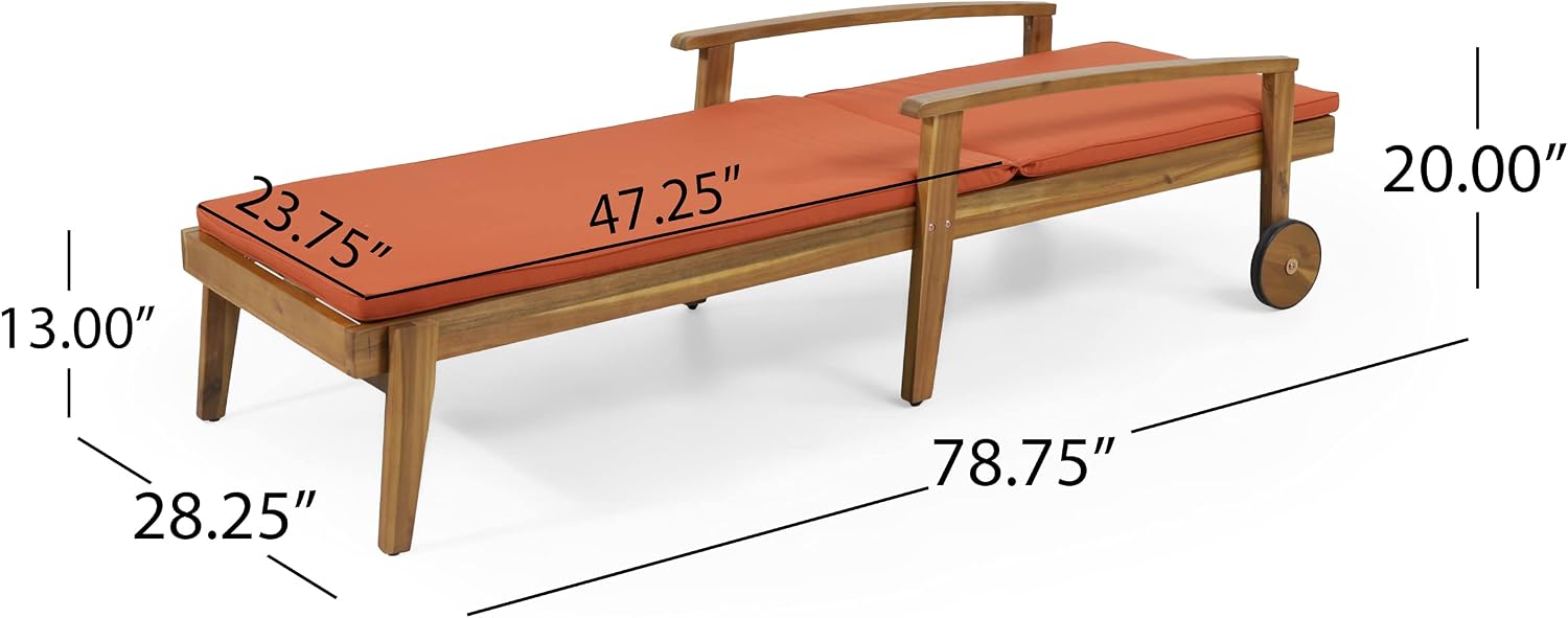 78.7" Patio Chaise Lounge Chair with 5-Position Adjustable Backrest, Poolside Recliner Chaise with Waterproof Cushion, All Weather Lounger with Exotic Acacia Construction for Outdoor Backyard, Orange