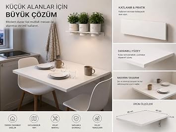Duvara Monte Katlanır Mutfak Masası Yer Kaplamayan Çok Amaçlı Masa (BEYAZ, 68X50)