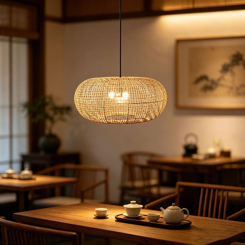 XQIDIANAA 19.69'' Handwoven Wicker Chandelier Light, Bohemian Rattan Pendant Lighting, Vintage Rustic Hanging Lamp for Dining Room, Kitchen Island, Foyer & Living Room