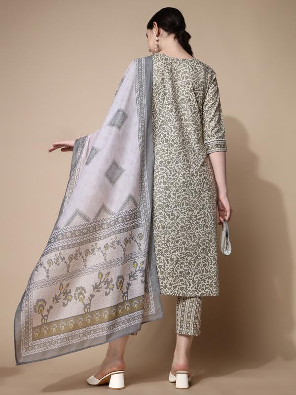 Image of NAINVISH Cotton Blend Kurti Pant & Dupatta | Kurta Set for Women | Women Kurta Pant Dupatta Set | Green Kurta Set for Women | Printed Kurta Pant Dupatta Set