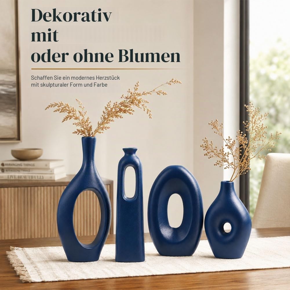 Blaue Keramikvase, 4er-Set – runde, Hohle Boho-Vasen für Pampasgras- und Blumendekoration, Moderne, minimalistische kleine Vasen für Wohnzimmer, Schlafzimmer, Kamin und Tafelaufsätze