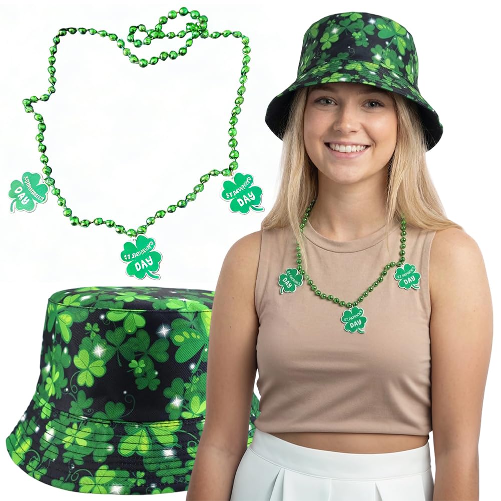 Pyrrlictoy Unisex Green St. Patrick’s Day Leaf Bucket Hat, Irish Sun Hat For Women Men, Fisherman Hat Costume Travel Beach Party