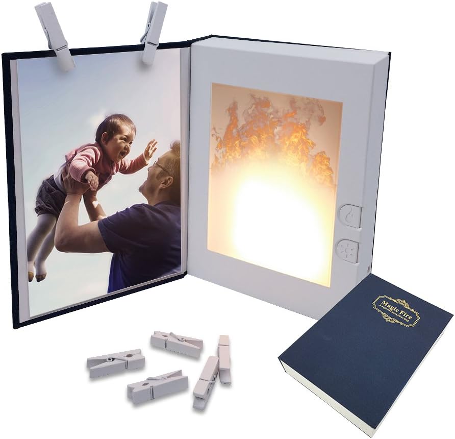WENDOM Magic Fire Book Night Lamp for Bedroom,Burning Flicker Flame Mood Light,Rechargeable Led Night Light Dimmable,USB Charging Home Decor,Wooden Clips for 4x6 Pictures