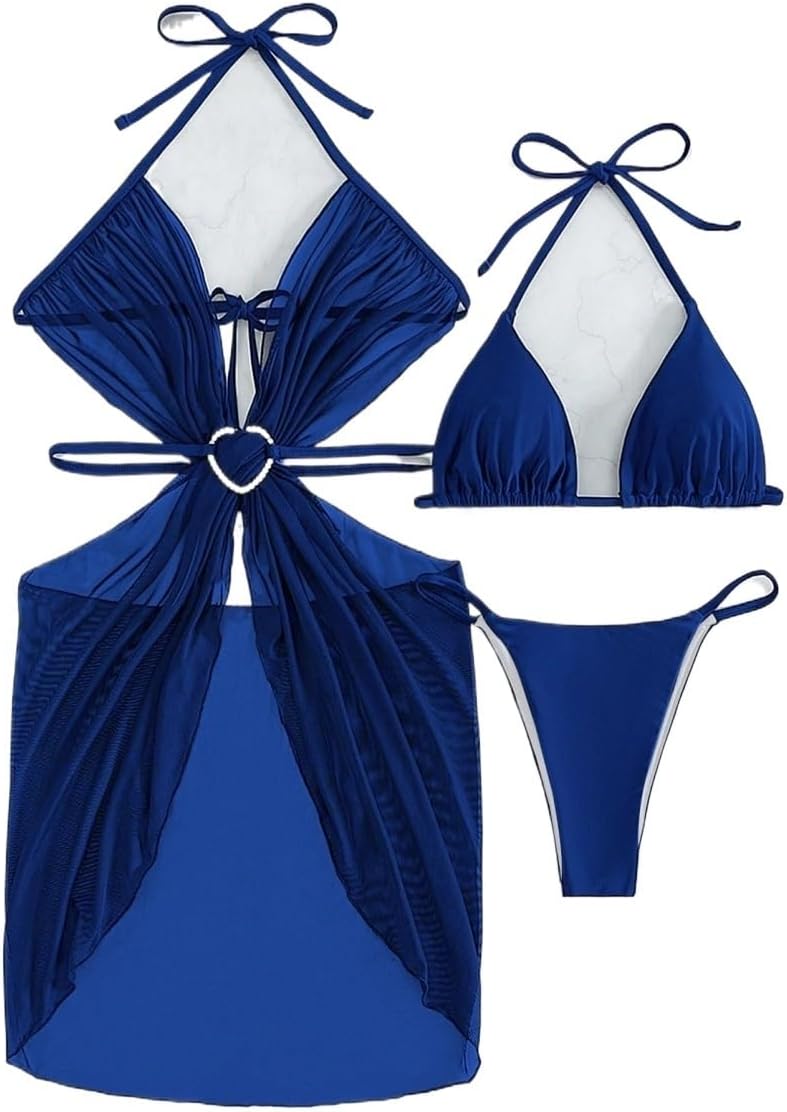 Womens 3 Piece Backless Tie Back Thong Bikini Set Summer Beach Swimsuit Halter Bra Cover Up Dress