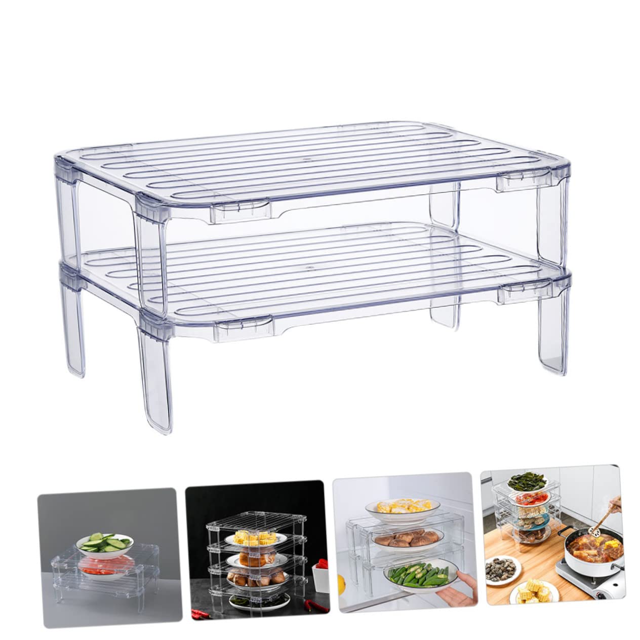 Juego de 2 estantes transparentes apilables para almacenamiento de placas de refrigerador, estantes organizadores para congelador y armario de refrigerador