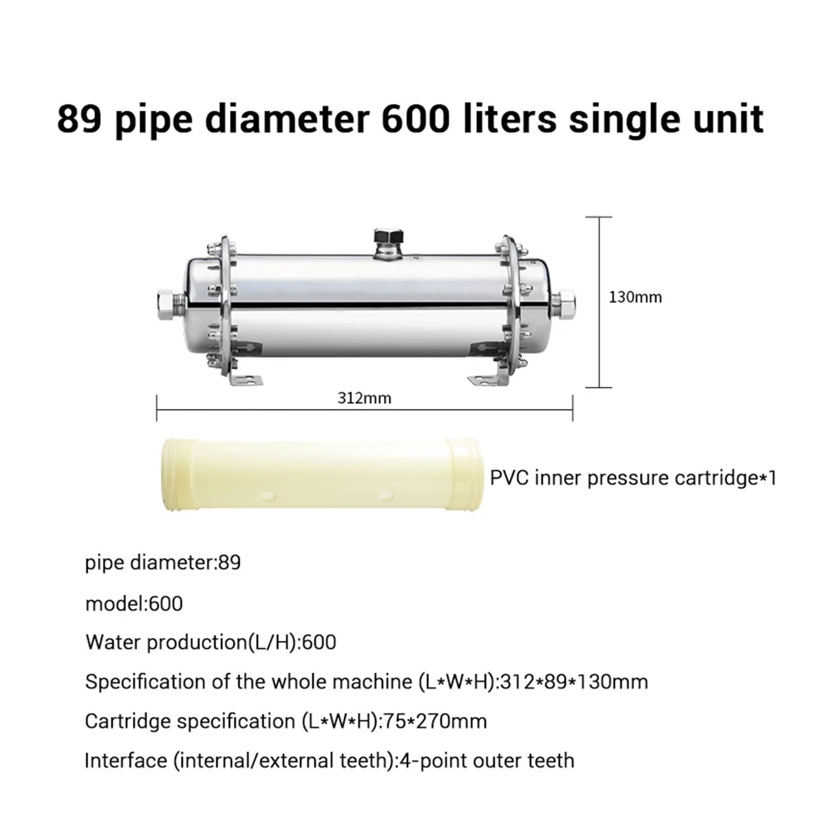 Sistema de Filtro Agua Acero Inoxidable 304, purificador ultrafiltración PVDF, for Uso Comercial, doméstico, 600-3000 l con Alta tasa de filtración(600L)