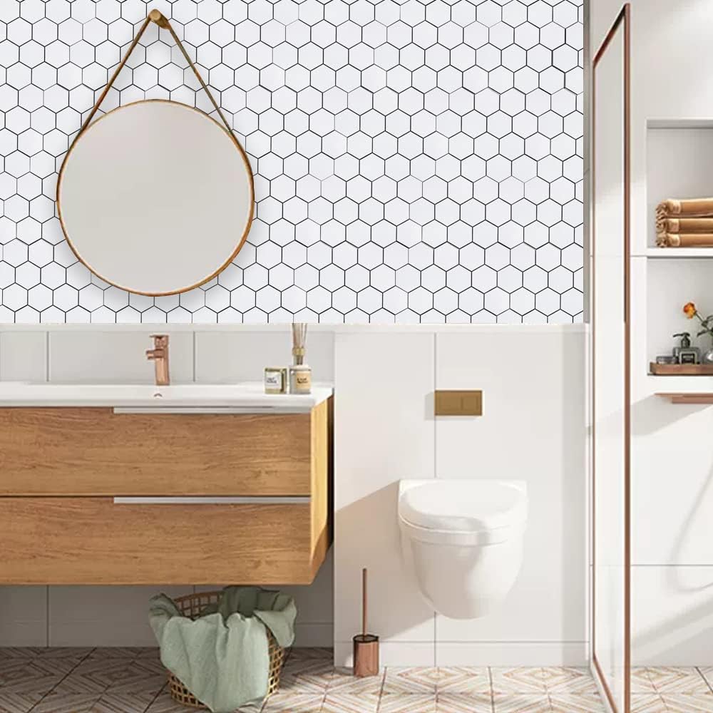 12-Sheet Peel and Stick Hexagon Backsplash Tile, Ceramic Look Matte White Self Adhesive Stick Mosaic Tile for Kitchen