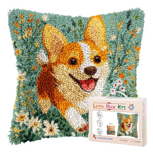 DIY Latch Hook Pillow Kits for Adults Welsh Corgi Dog Running in Flowers Printed Pillowcase Crochet Yarns Hooking Handmade Pillow Cover Cushion for Home Sofa Decoration 17x17inch-3