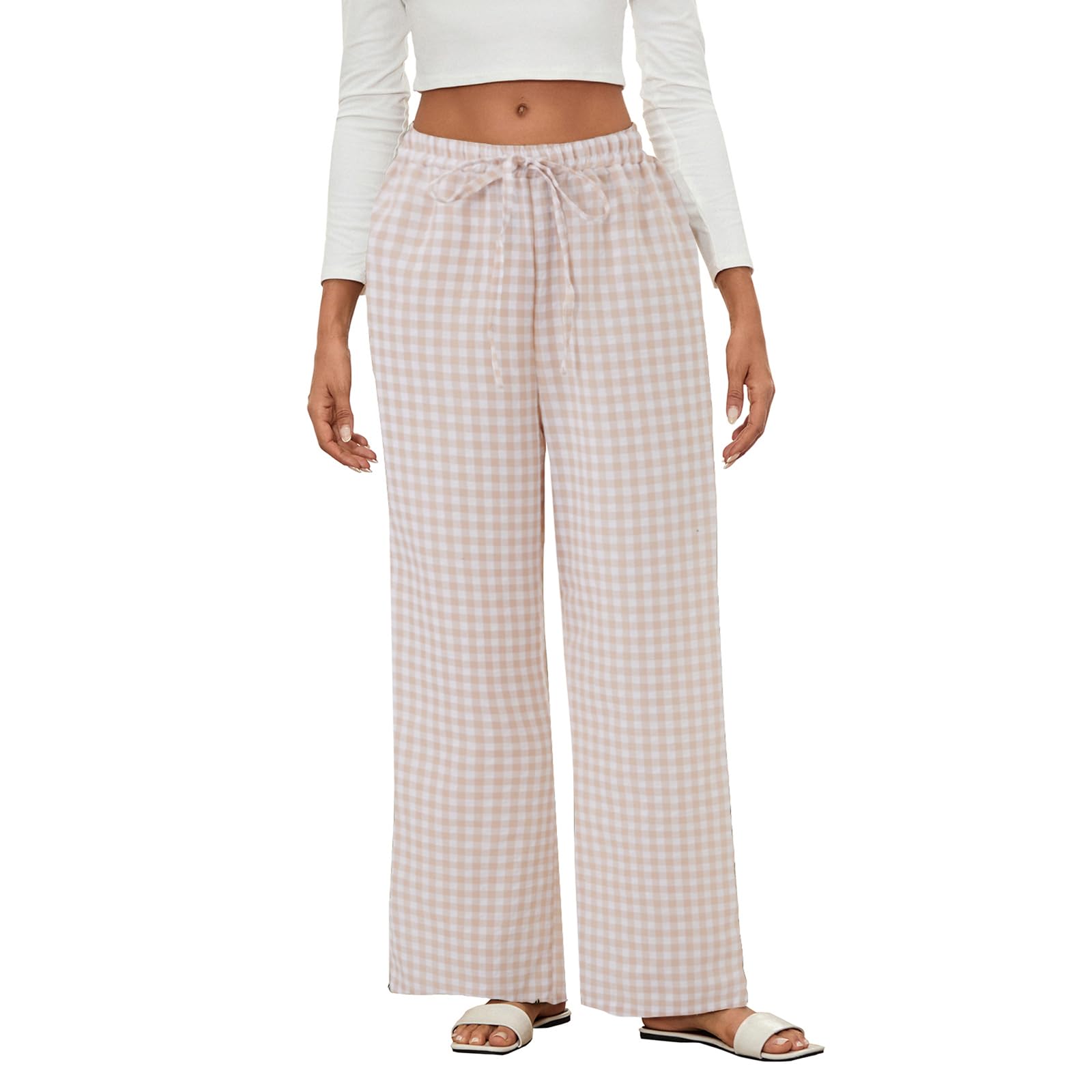 Womens Plaid Summer Pants - High Waist Drawstring Straight Leg Casual Trousers for Daily Wear
