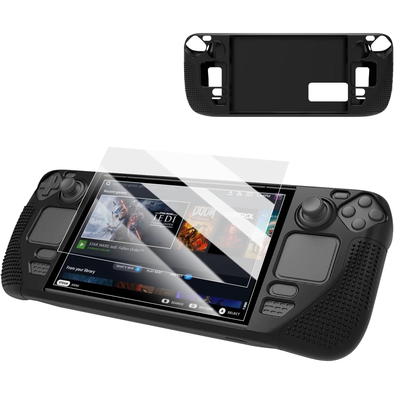 STAYOUNG Silicone Protective Shell Cover Compatible With Steam Deck OLED - Non-Slip Textured Grip Protective Cover, All Around Protection with Tempered Film (Black)